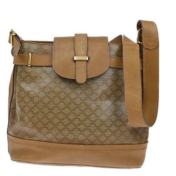 CELINE Logo Macadam Pattern Shoulder Bag PVC Leather Brown GHW Italy 02KB078 - Picture 1 of 16